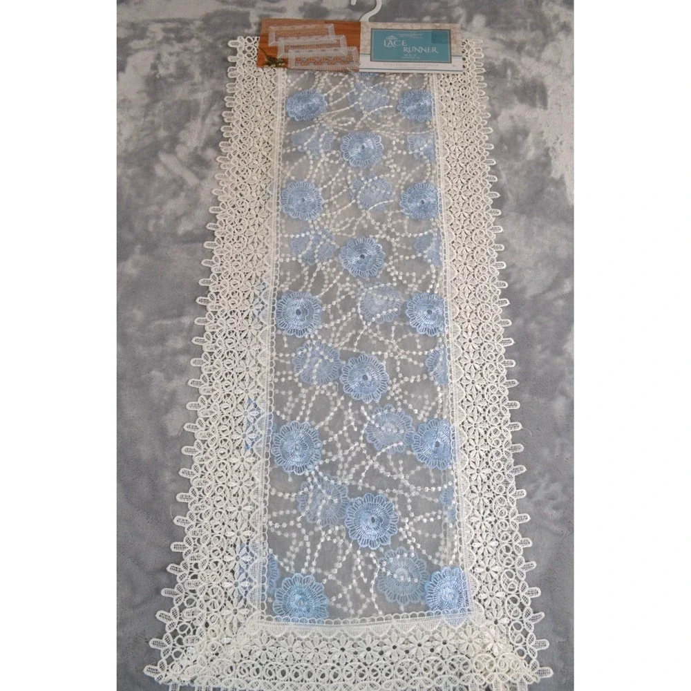American Linen Chic White & Blue Lace Linen Table Runner Doily 16